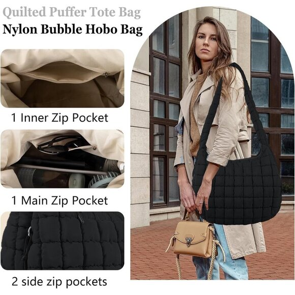 Women's Black Lightweight Cotton Puffy Quilted Hobo Bag Retro Soft Shoulder Bag - Picture 3 of 7